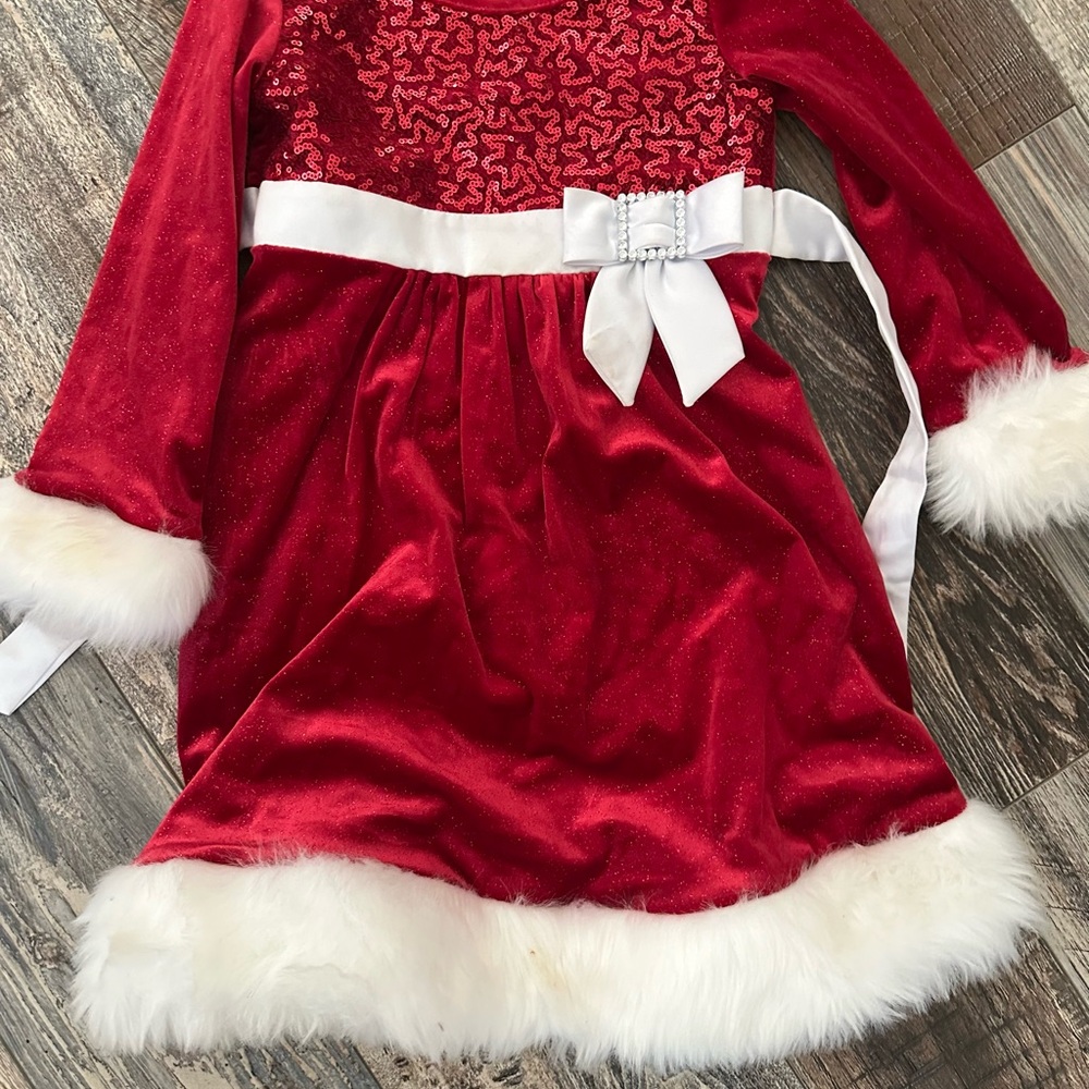 Bonnie Jean Red Velvet Dress with White Fur Trim